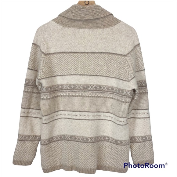 VALERIE STEVENS Angora Rabbit Hair Wool Blend Cowl Neck Stripe Cardigan Neutrals - Picture 2 of 14